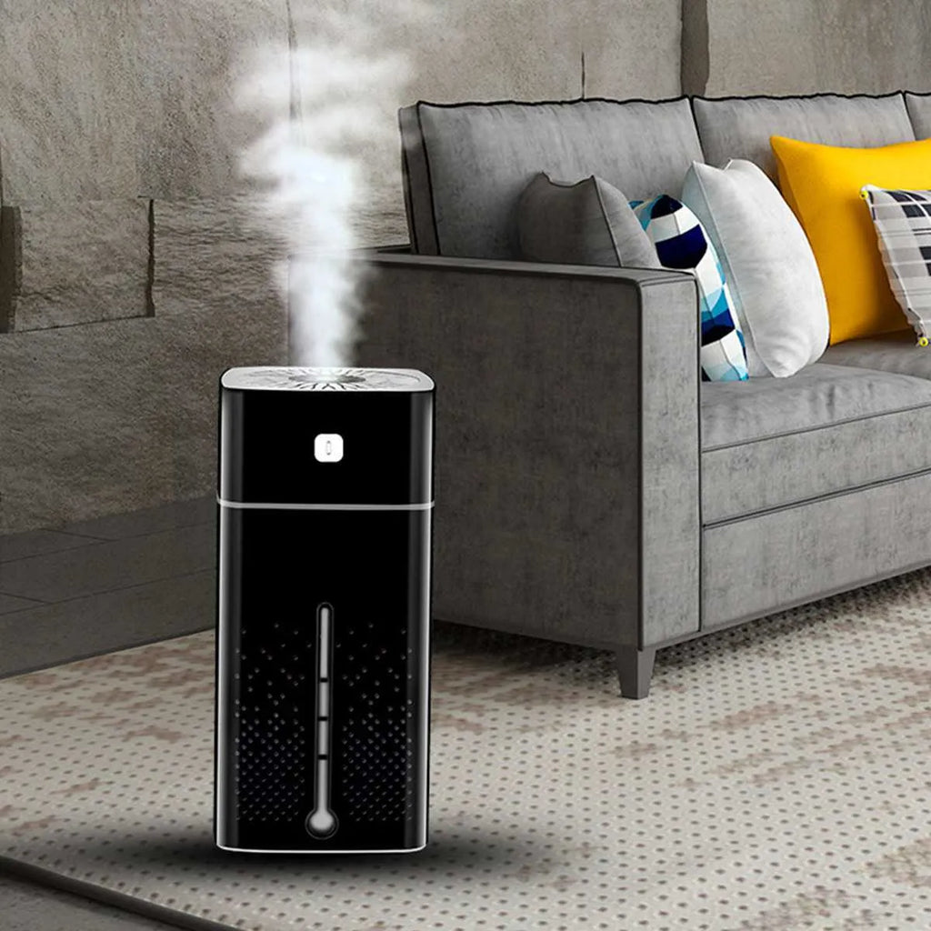 Black or white desktop humidifier with USB cable, 1000ml capacity, dimensions 103x103x218mm.