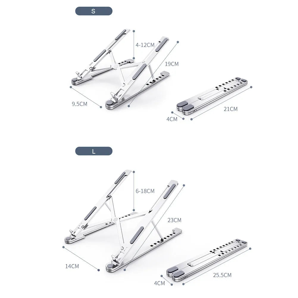 Foldable aluminium laptop stand in silver, shown open at an angle and folded flat.