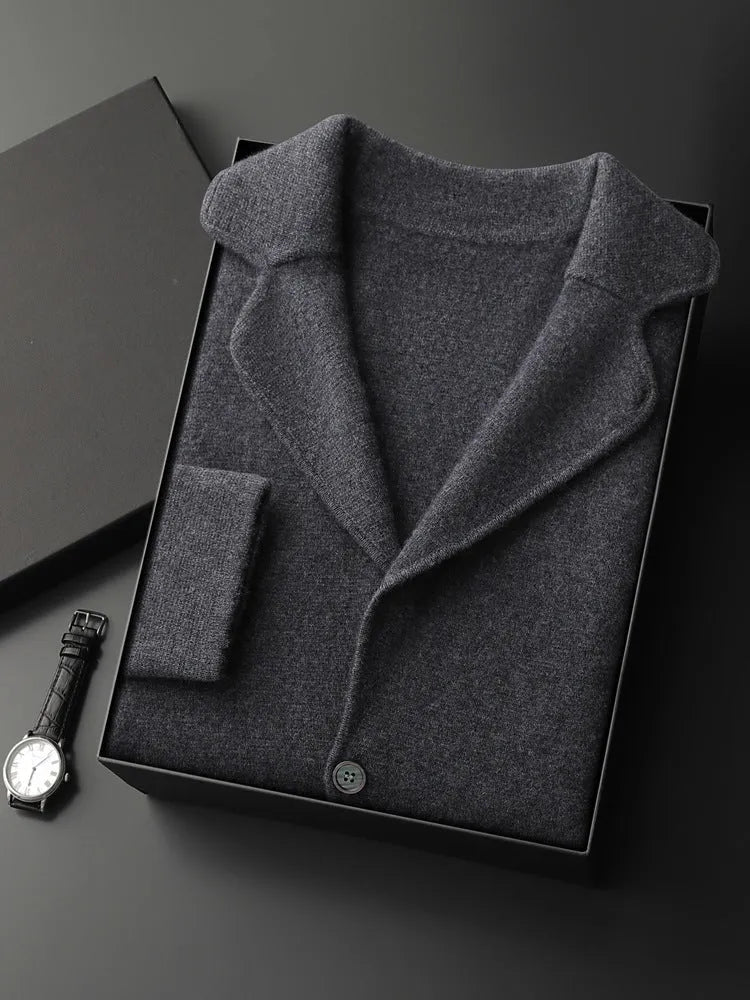 Men's loose fit cashmere cardigan sweater with lapel collar in light grey colour