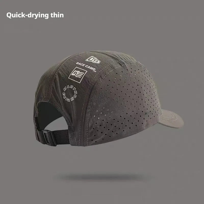 Men's adjustable baseball cap in acrylic mesh fabric shown in black, suitable for summer sun protection.