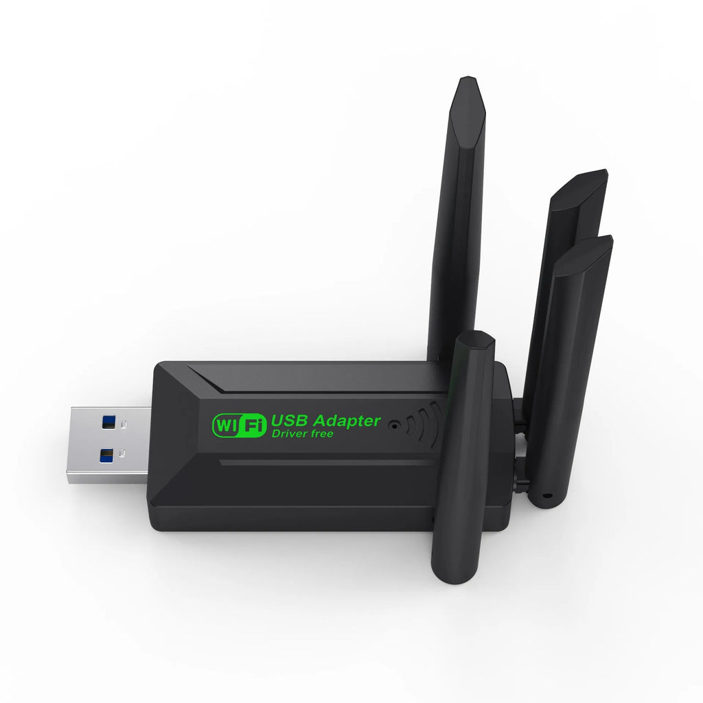 Black USB network transmitter with four antennas for computer wireless connectivity