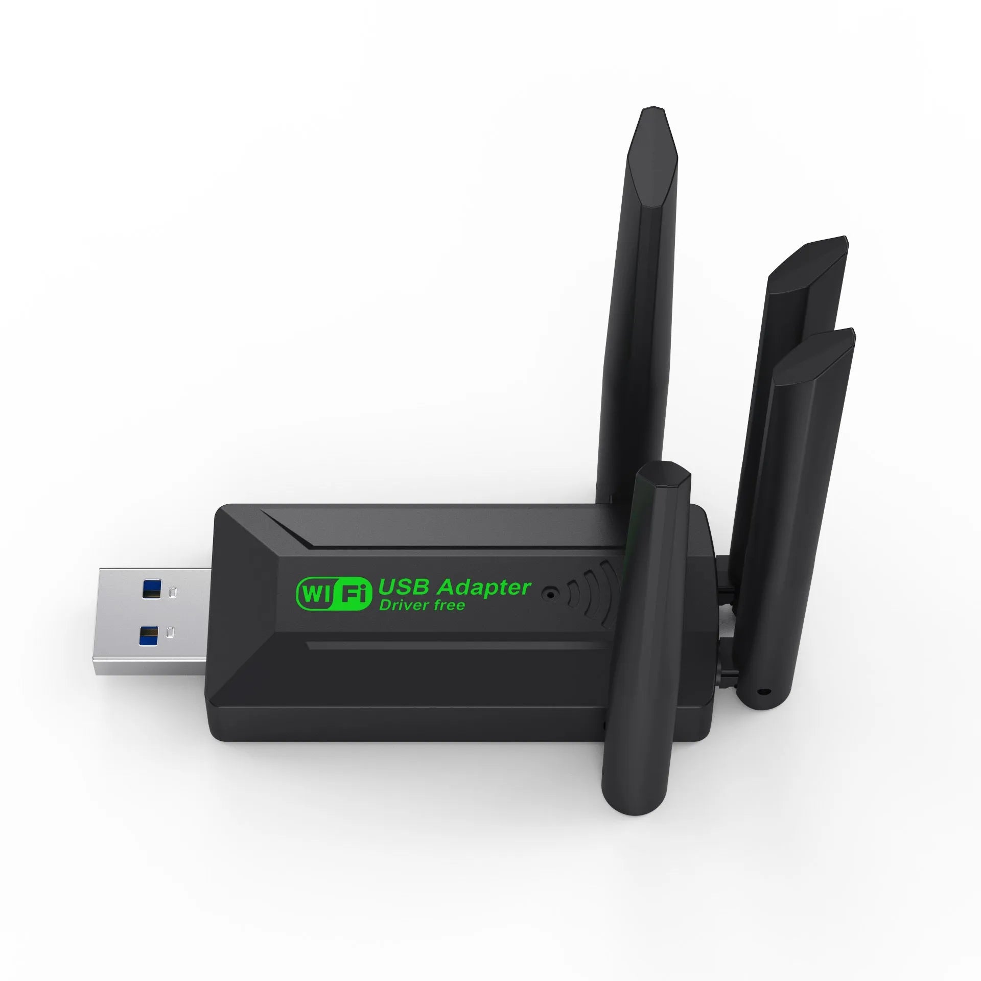 Black USB network transmitter with four antennas for computer wireless connectivity
