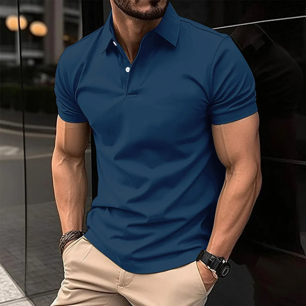 Men's solid colour cotton mix short sleeve polo shirt with button lapel in light green.