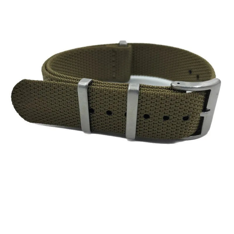 Textile and nylon watch strap shown in Army Green colour with a pin buckle, demonstrating its 20mm width.
