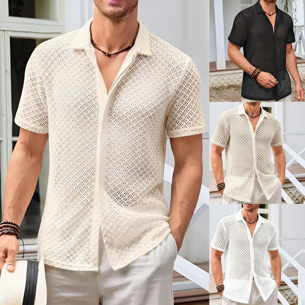 Men's solid colour lapel cardigan with short sleeves and mesh fabric on a manikin.