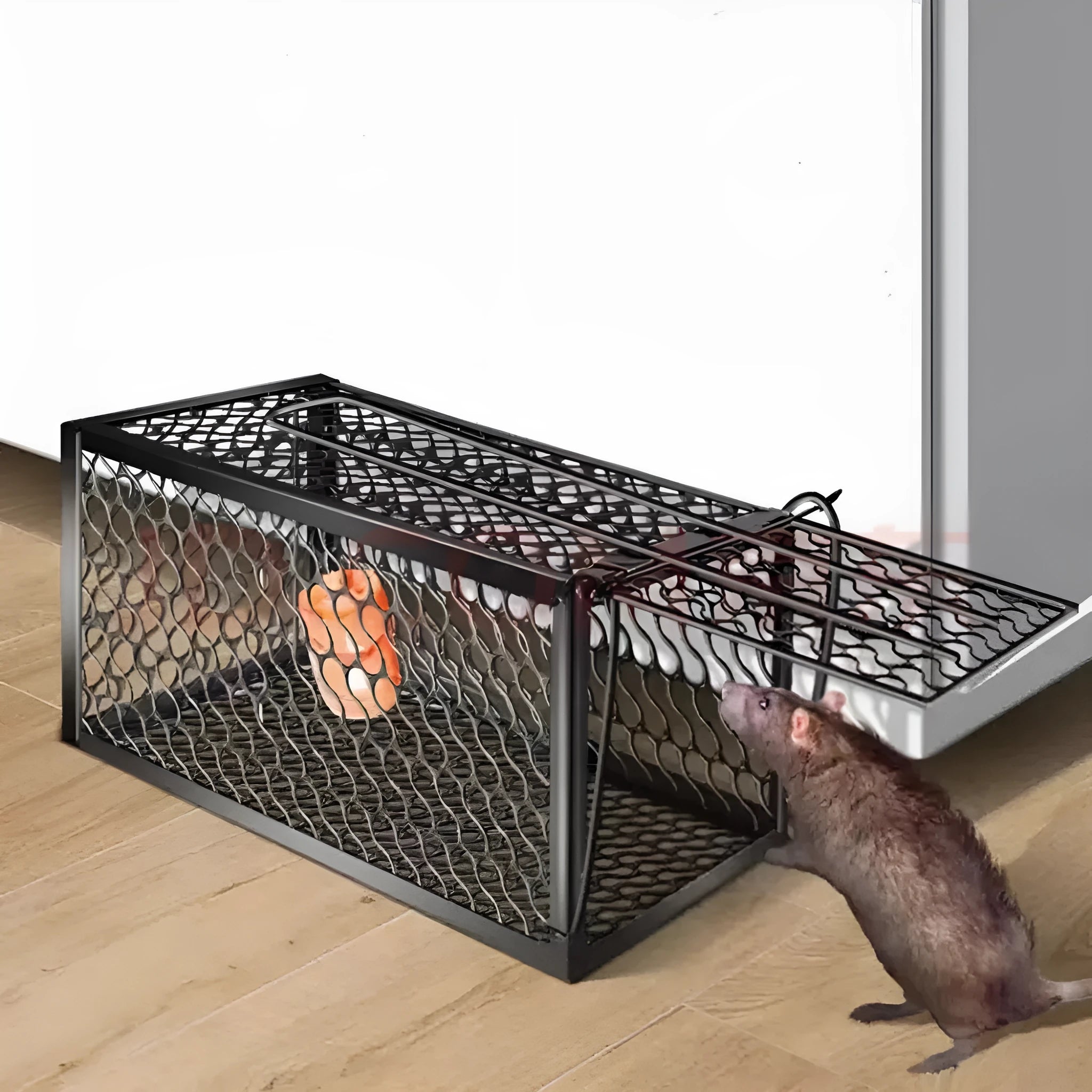 Automatic mouse trap shown in small, medium, and large sizes with metal and plastic colour options.