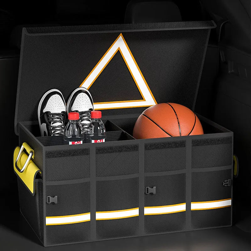 Black and yellow foldable fabric car boot storage organiser bag with handle