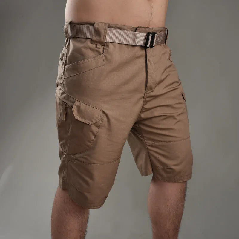 Khaki coloured tactical shorts made from cotton blend fabric on a mannequin.