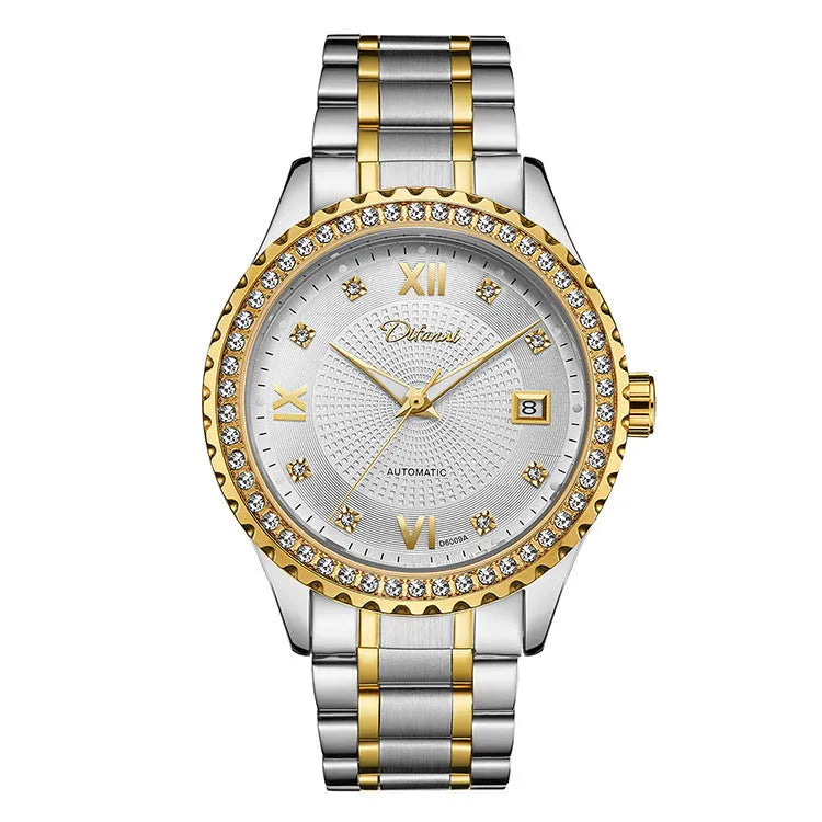 Men's automatic mechanical watch with luminous hands and a waterproof case in silver or gold finishes.