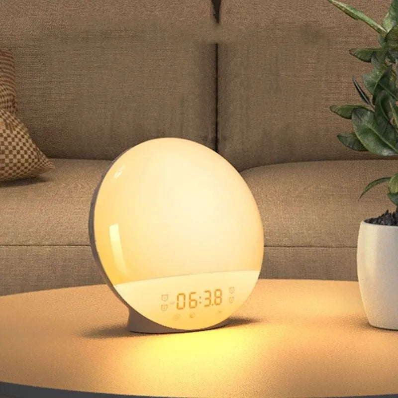 Sunrise alarm clock with wood grain finish, compact size 16x16x6cm, voice control, and night light