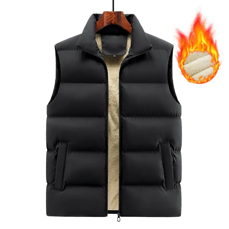 Men's striped lambswool vest in black, dark blue, or red with polyester fibre construction for winter warmth