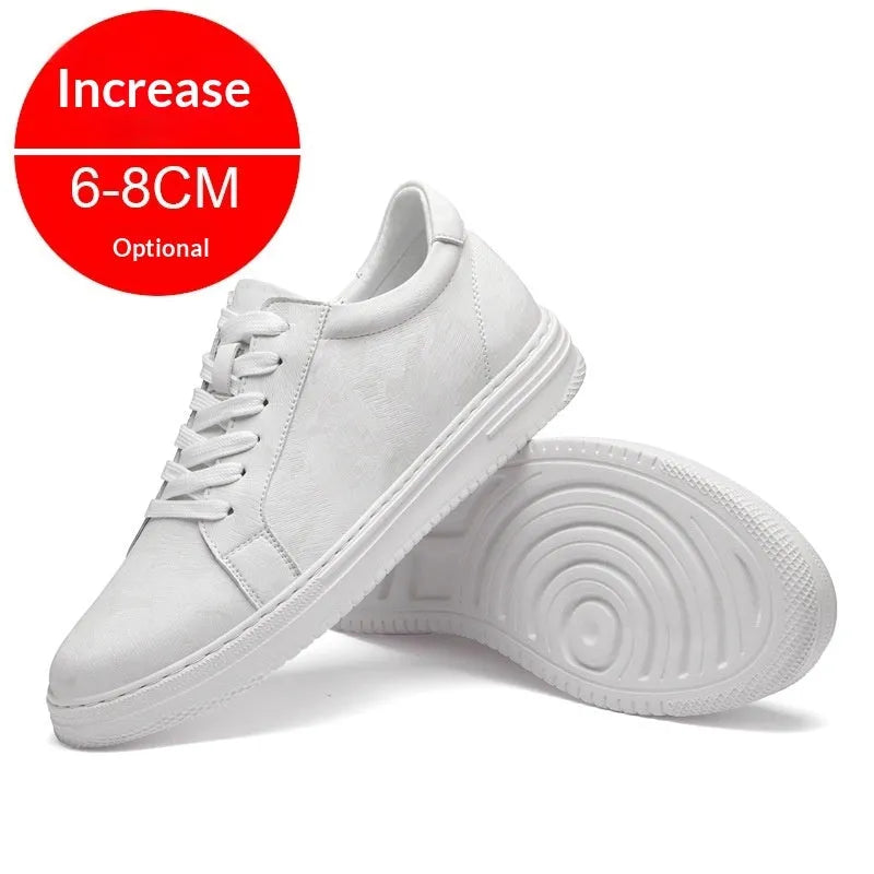 White, black, or beige low-top casual sneakers with hidden platform sole, microfiber upper, front laces, and 6 cm or 8 cm height increase.