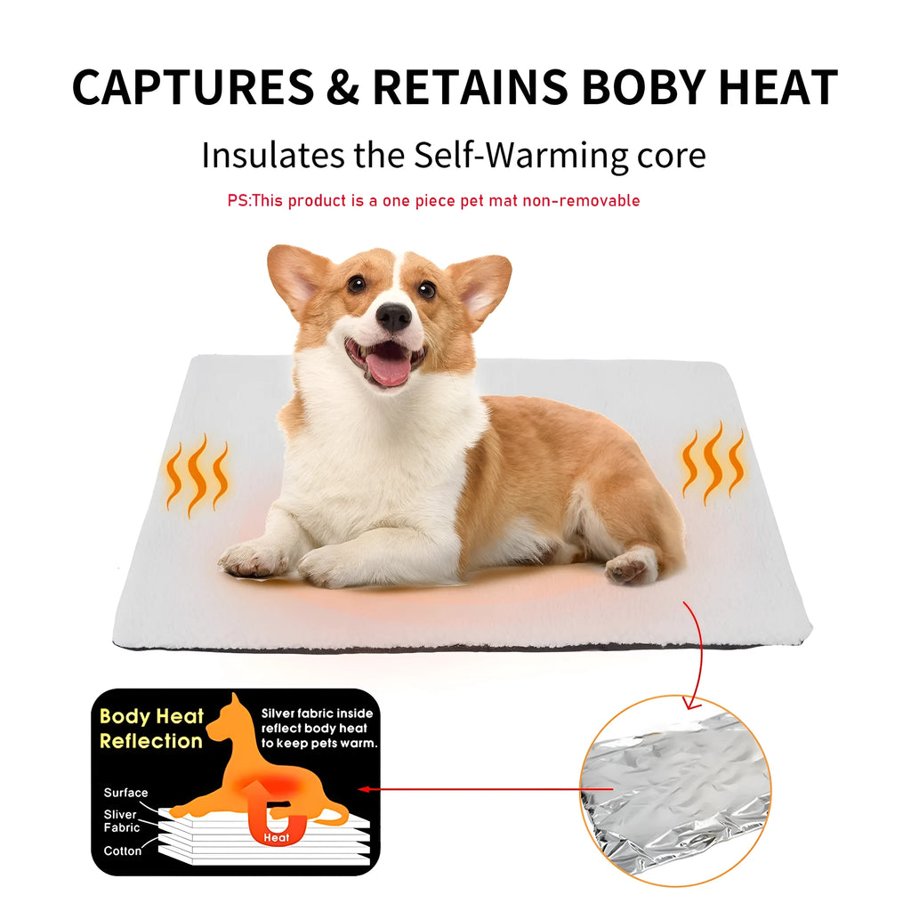 Grey self-heating pet bed with plush fabric and reflective thermal layer for indoor winter use
