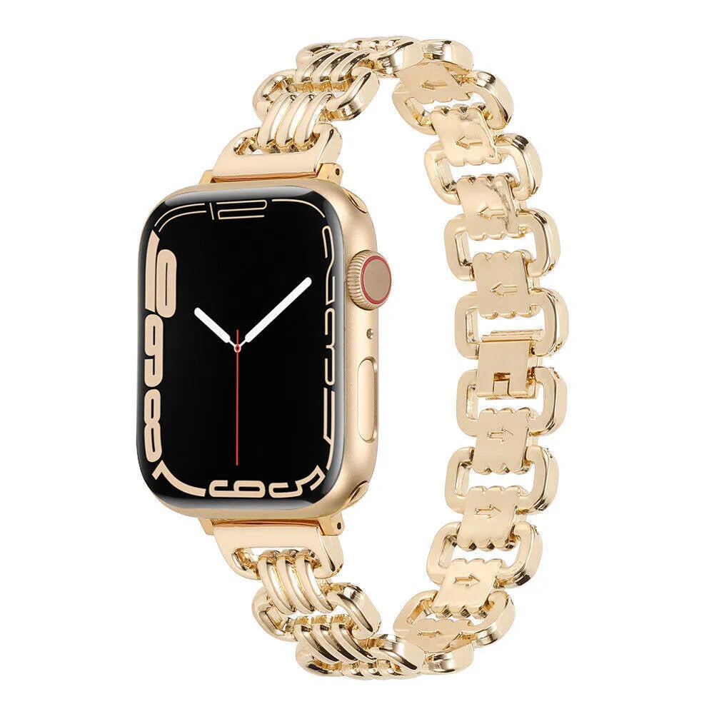 Alloy metal Apple Watch bracelet in silver, black, gold, rose gold, and starlight colours on a grey background.