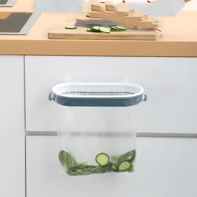 Blue or pink plastic kitchen garbage bag storage rack for mounting on cabinet or wall