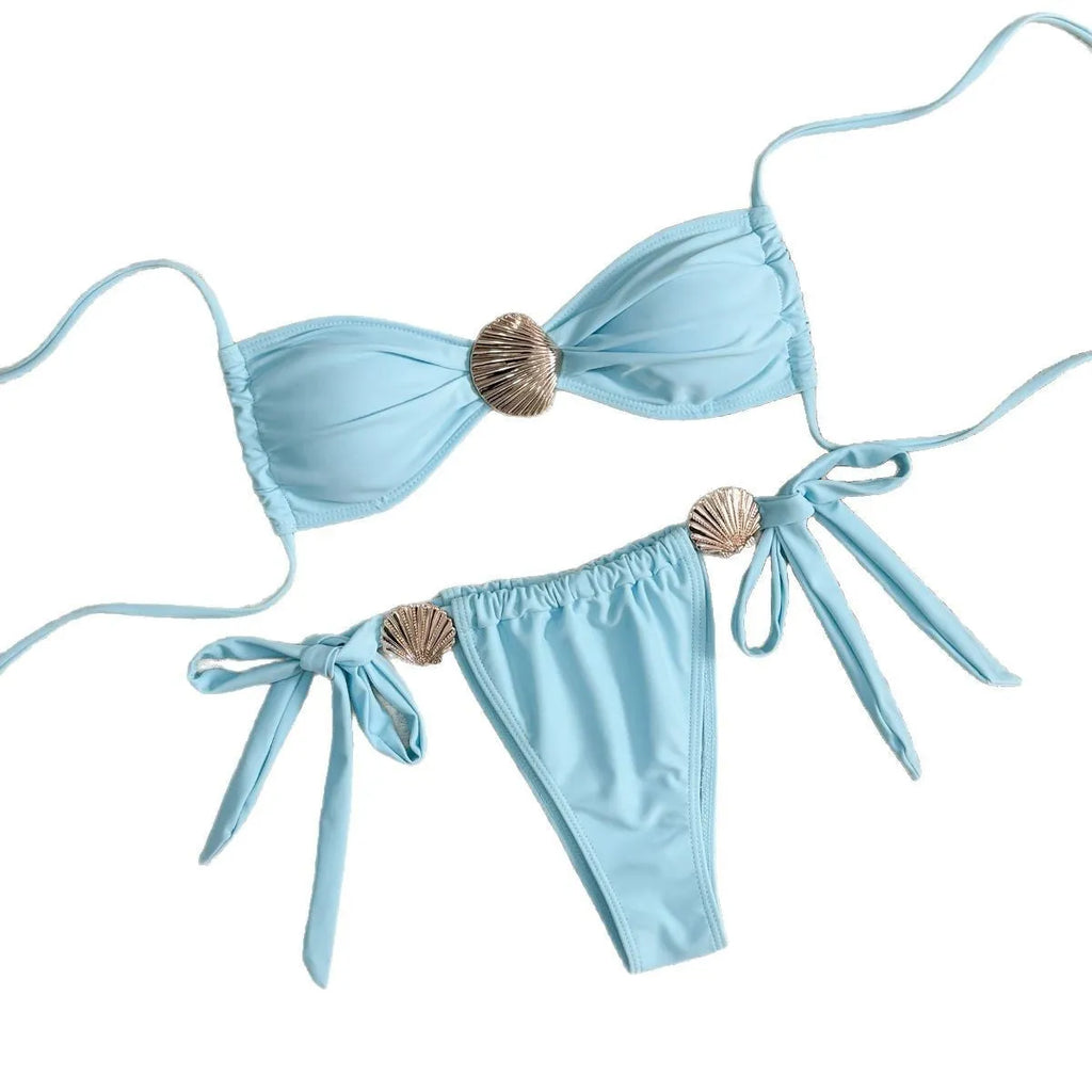 Women's high waist lace-up bikini swimsuit in solid blue polyester, front view, sizes S to XL