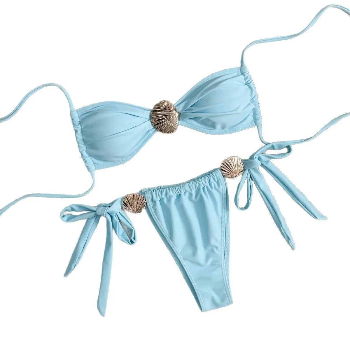 Women's high waist lace-up bikini swimsuit in solid blue polyester, front view, sizes S to XL