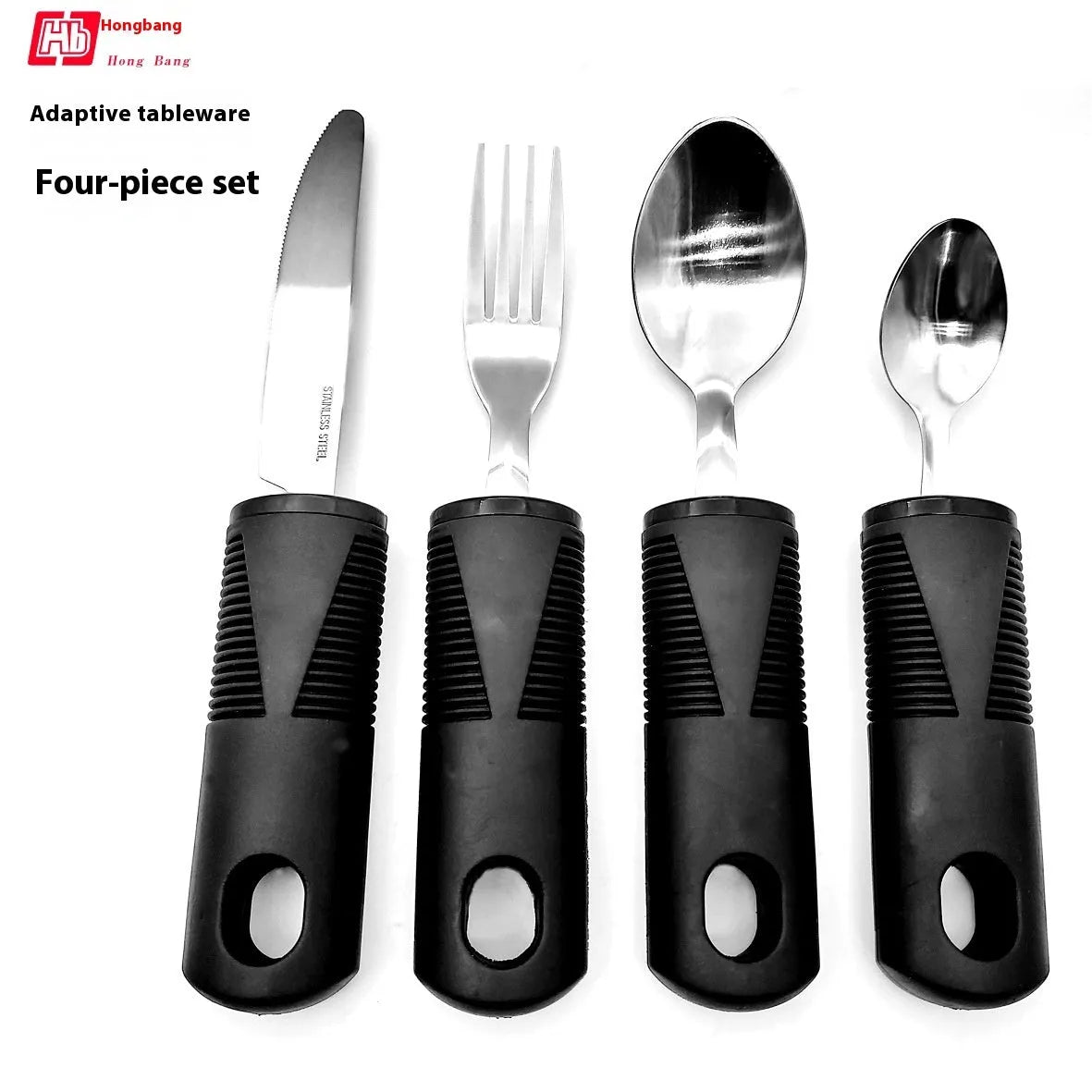 Stainless steel adaptive cutlery set with rubber handles for tremor assistance