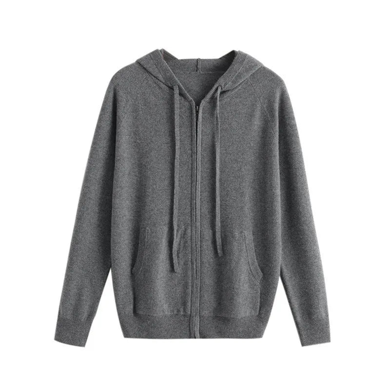 Men's cashmere knitted cardigan with full zip front and hood in solid colour options