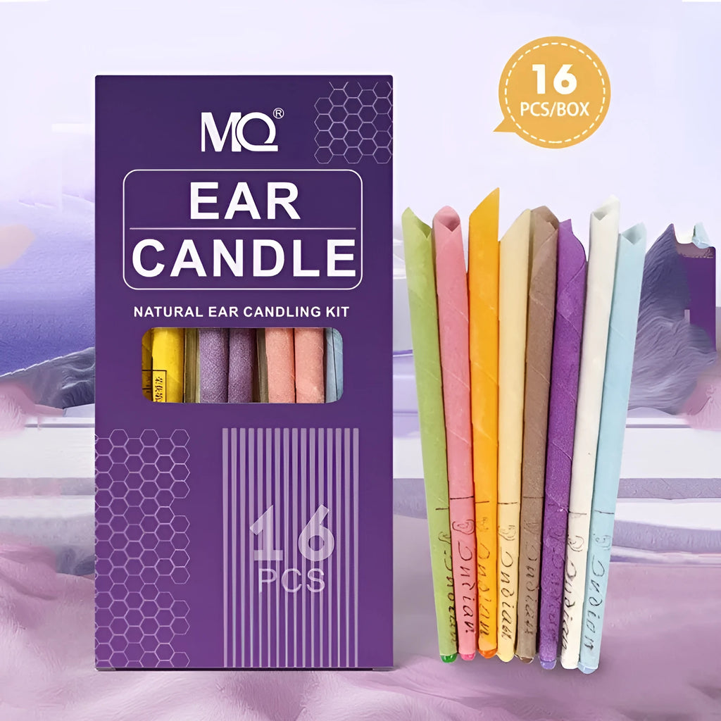 MQ Horn Colour ear candling kit showing 16 cotton cloth candles, protective boards, and cotton swabs