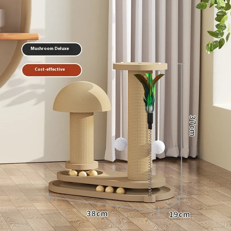 Solid wood cat scratching post with turntable climbing platform in various style configurations
