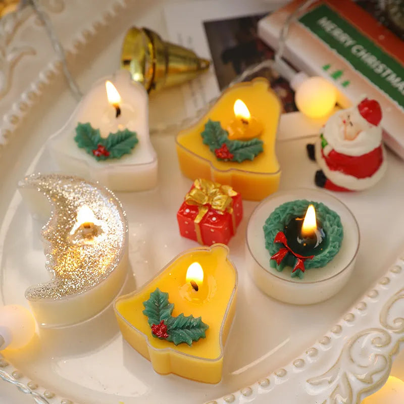 Hand-poured Christmas tea wax candle in cup shape with soy wax blend, available in tree, bell, moon, and leaf designs.