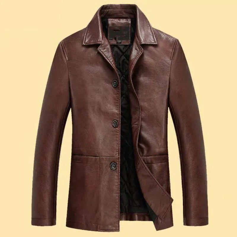 Men's solid colour PU leather polo collar coat with extended 100cm length and tight fit in black