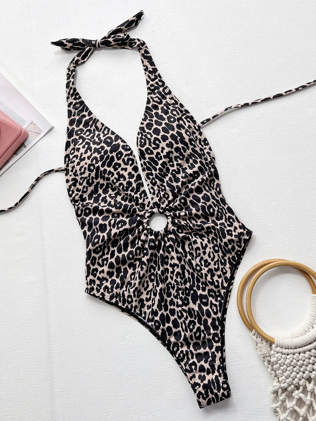 Leopard print one-piece swimsuit for women with a hollow-out ring design detail