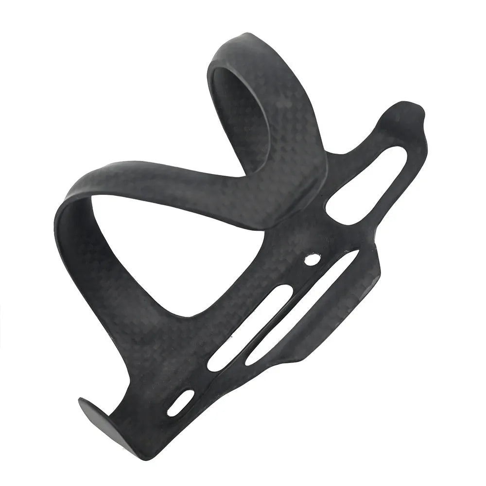 Black carbon fibre side pull bicycle water bottle cage mounted on a bike frame.