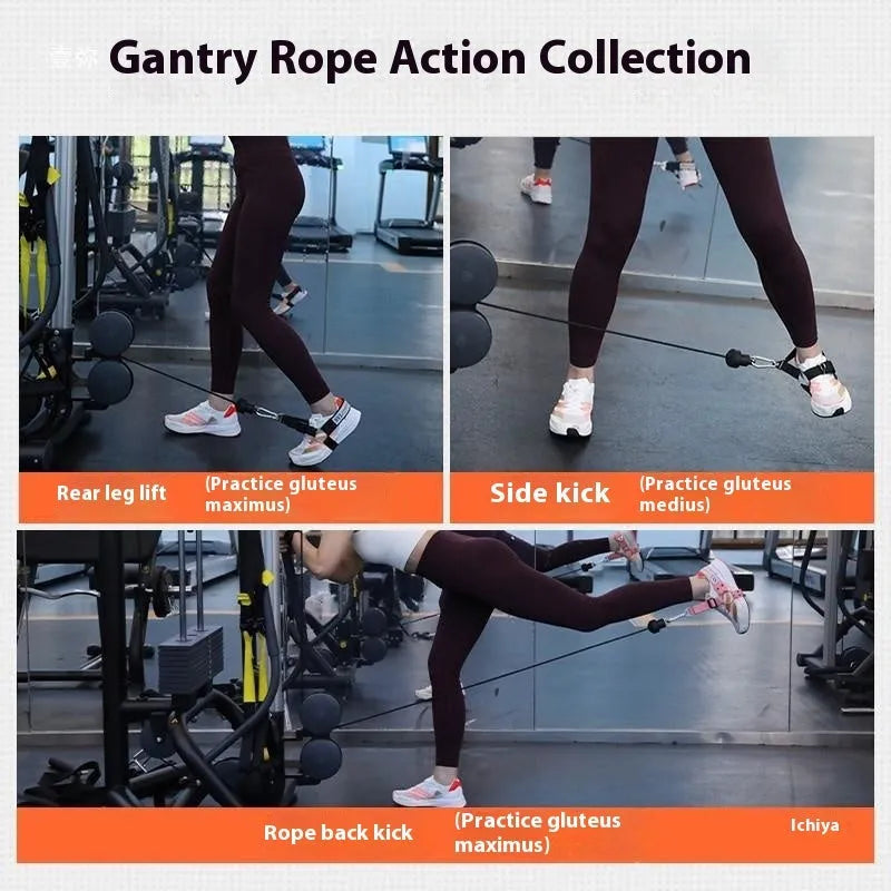 Ankle buckle and leg strength strap tension booties with foot lanyard in black, grey, or pink.