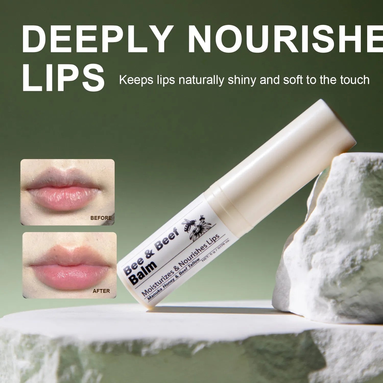 Beef fat and organic grass-fed butter lip balm stick measuring 83mm