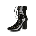 Denim high heels with thick heel above 8cm, peep toe, front tie, rubber sole, in Black, Blue, or Navy Blue