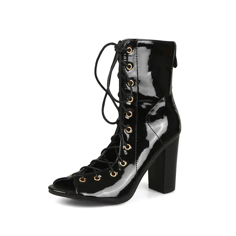 Denim high heels with thick heel above 8cm, peep toe, front tie, rubber sole, in Black, Blue, or Navy Blue
