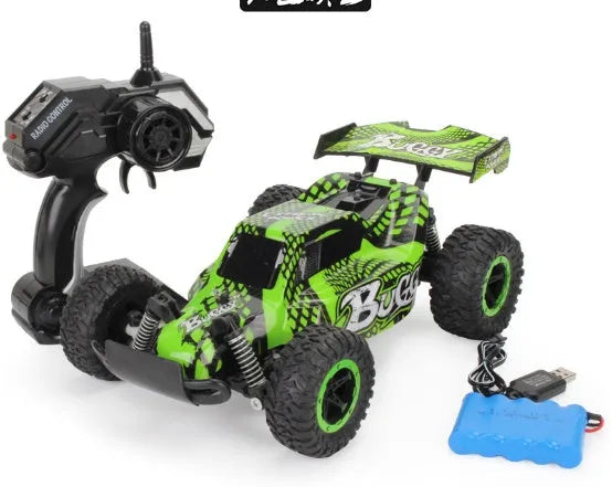 Blue and yellow 1:18 scale remote control drift car with 2.4G remote on a surface