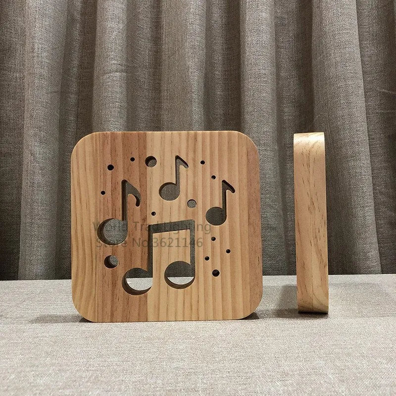 Square wooden pine LED atmosphere lamp with warm white light, shown with a USB cable.