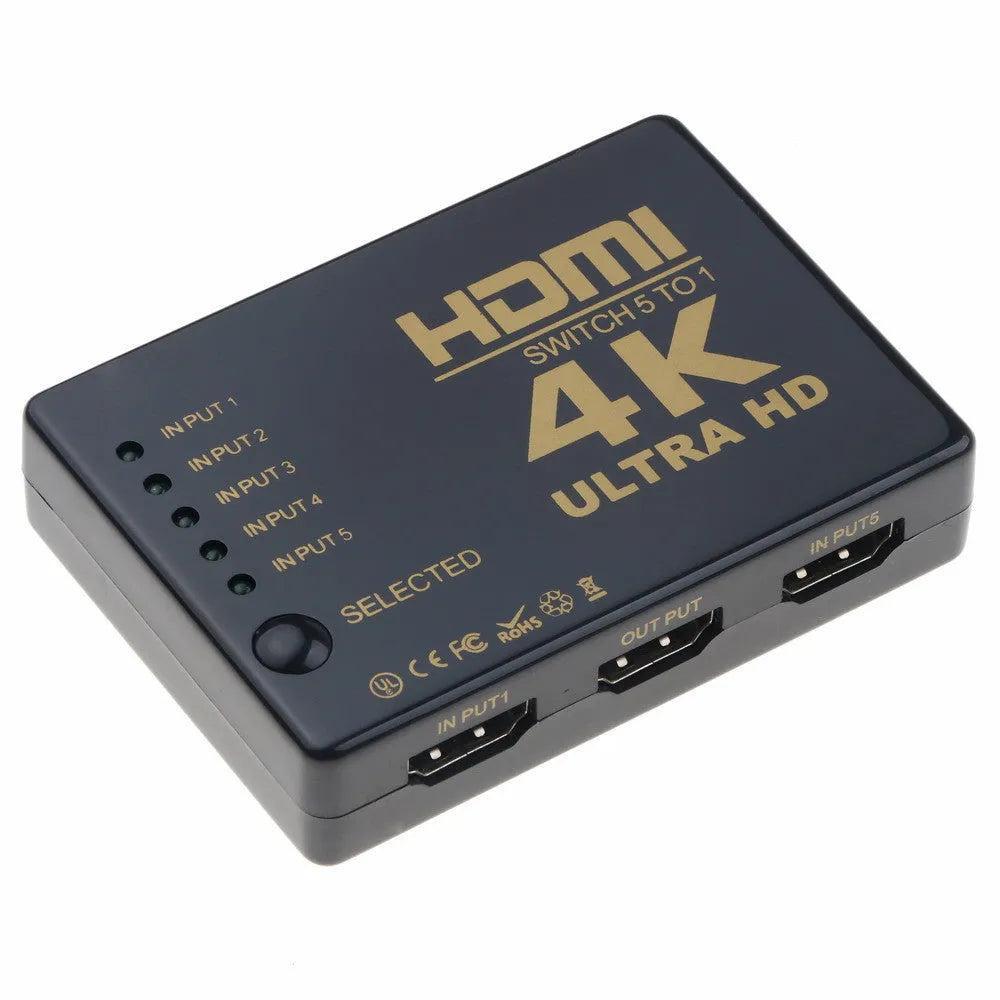 Black 5 in 1 out HDMI switcher with remote control and infrared cable