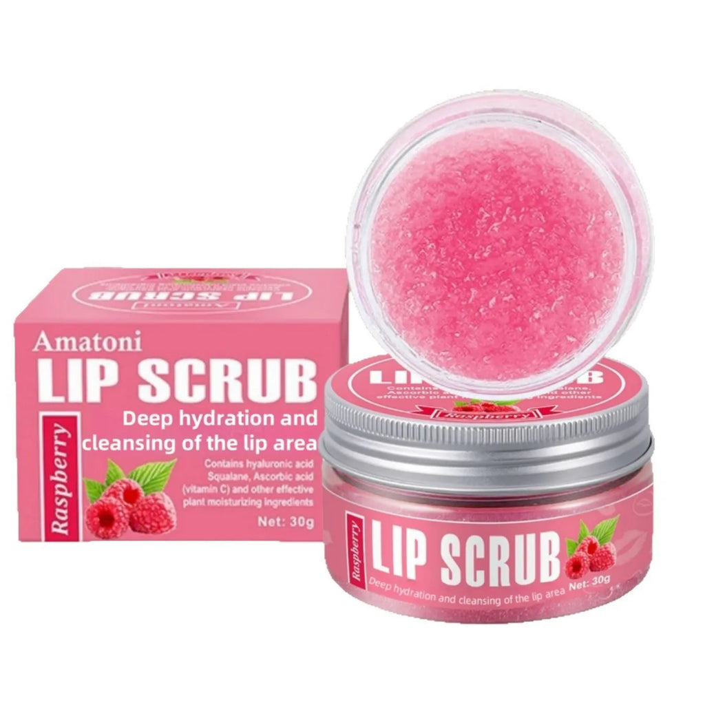 Amatoni Lip Scrub pot in four flavour options: coconut, raspberry, vanilla, and watermelon