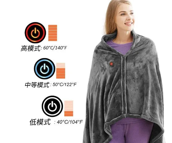 Dark grey USB electric heated plush blanket showing plug and control button.