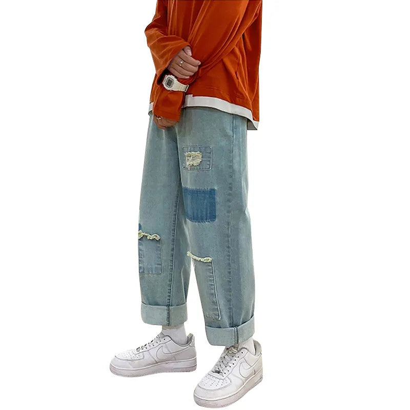 Men's loose straight leg ripped jeans in blue denim, high street style, micro-elastic fabric
