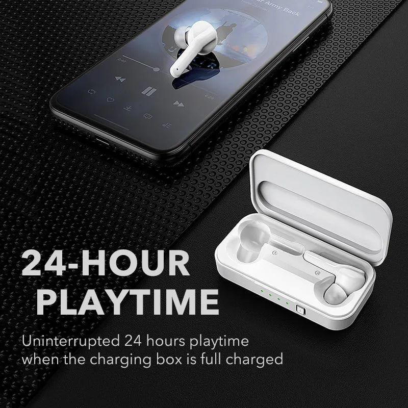 Black and white TWS wireless earbuds with Bluetooth 5.0 and IPX5 waterproof rating.