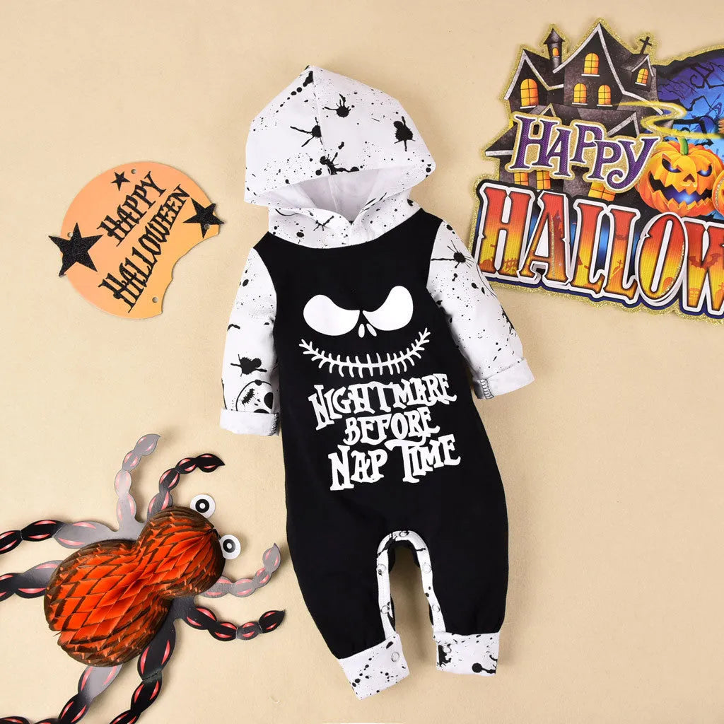 A black or brown cotton Halloween romper for children with long sleeves and a hood.
