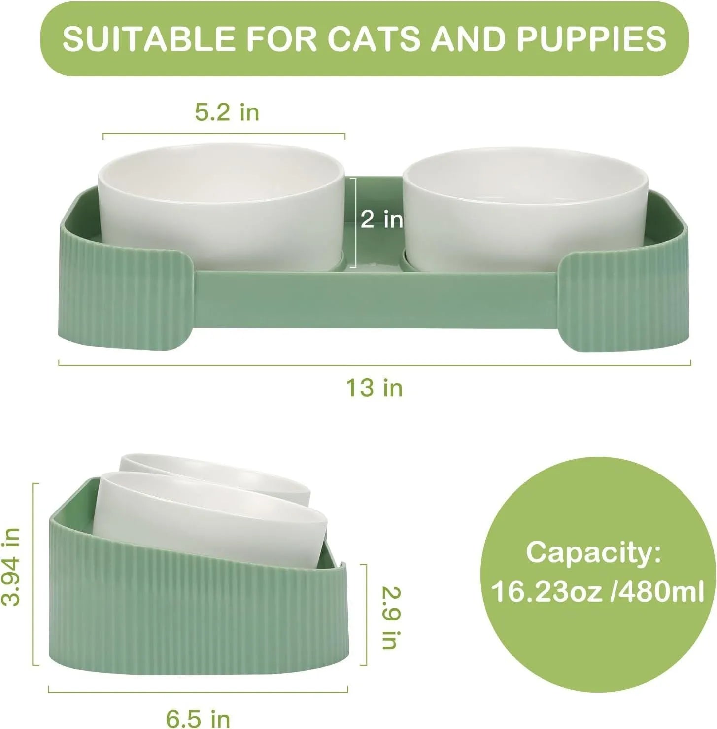 Green ceramic raised cat bowl set with two bowls on a tilted stand and non-slip base.