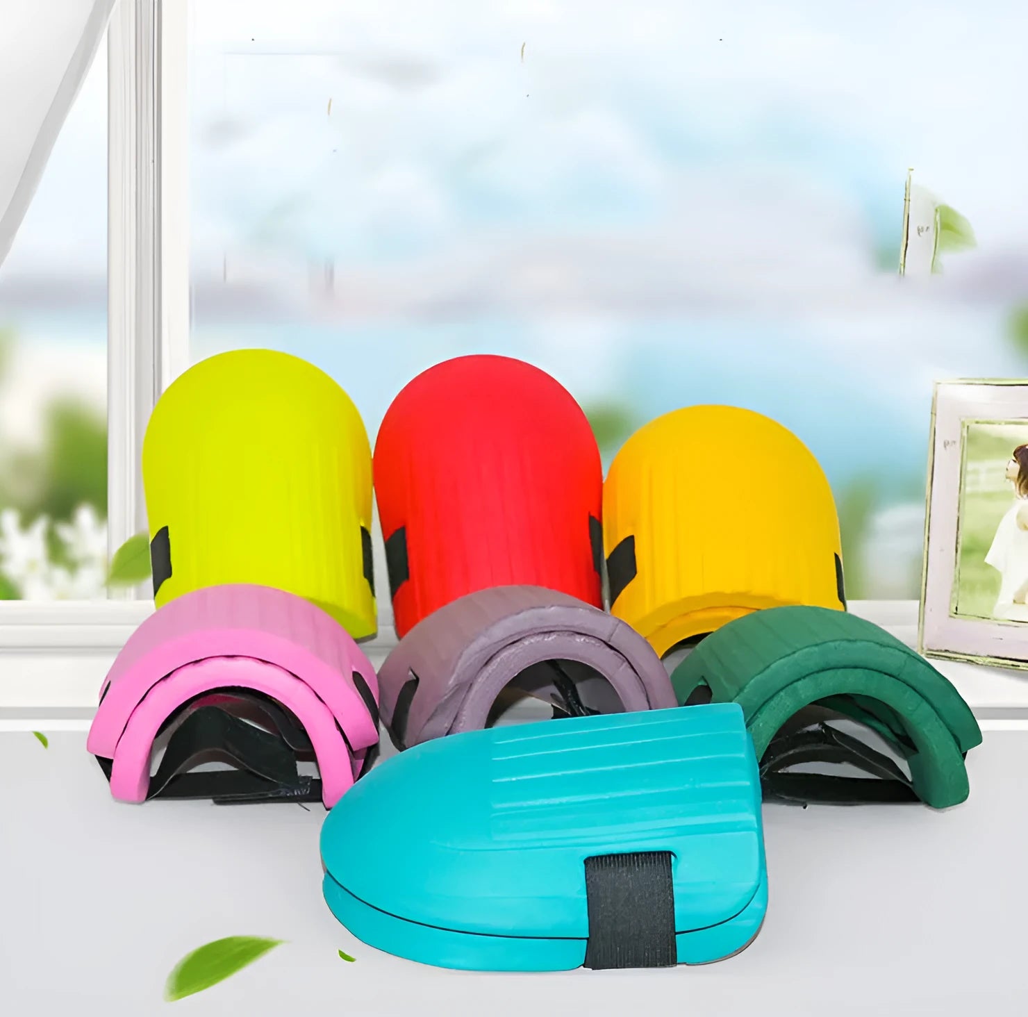 A pair of EVA foam knee pads for gardening, shown in army green colour.