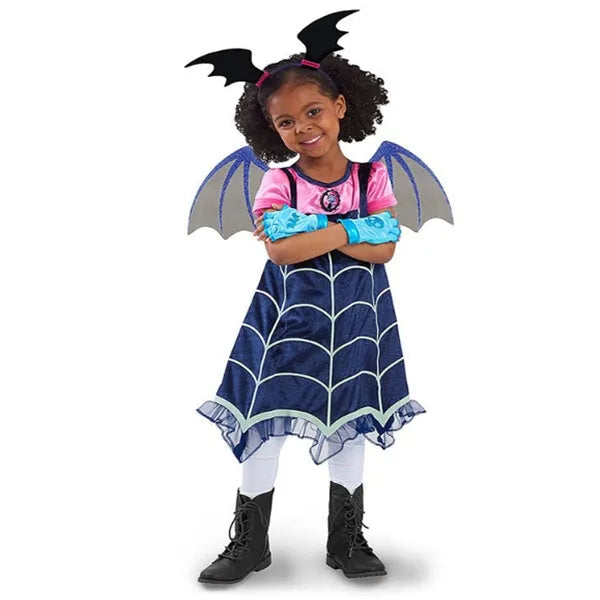 Blue cotton Halloween princess dress for toddlers with short sleeves, shown on child mannequin