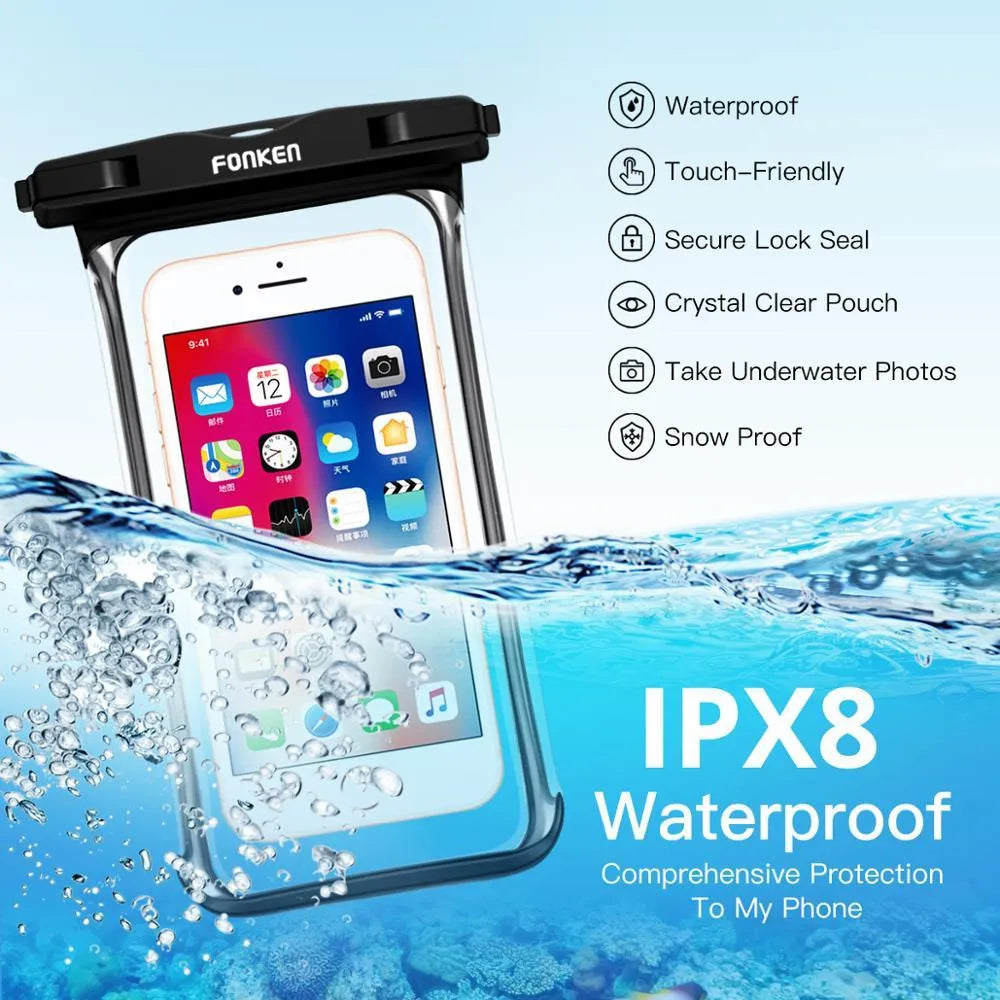 Transparent waterproof phone pouch with double ring seal for diving and swimming, holding a smartphone with clear screen visibility