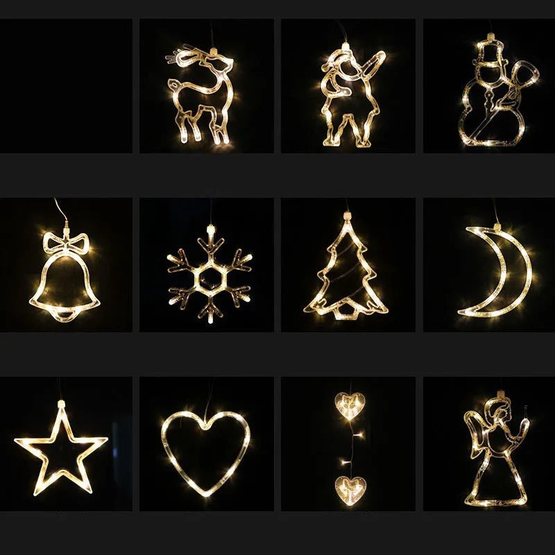 LED Christmas suction cup chandelier with Santa, elk, and snowman designs on window