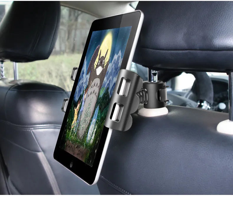 Car headrest tablet holder with extendable arm mounted on vehicle seat