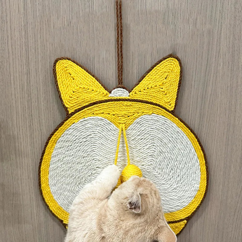 Yellow cat scratching pad with corgi design measuring 37x40cm with natural sisal surface
