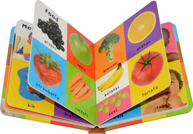 Red hardcover cardboard book for children with English vocabulary content