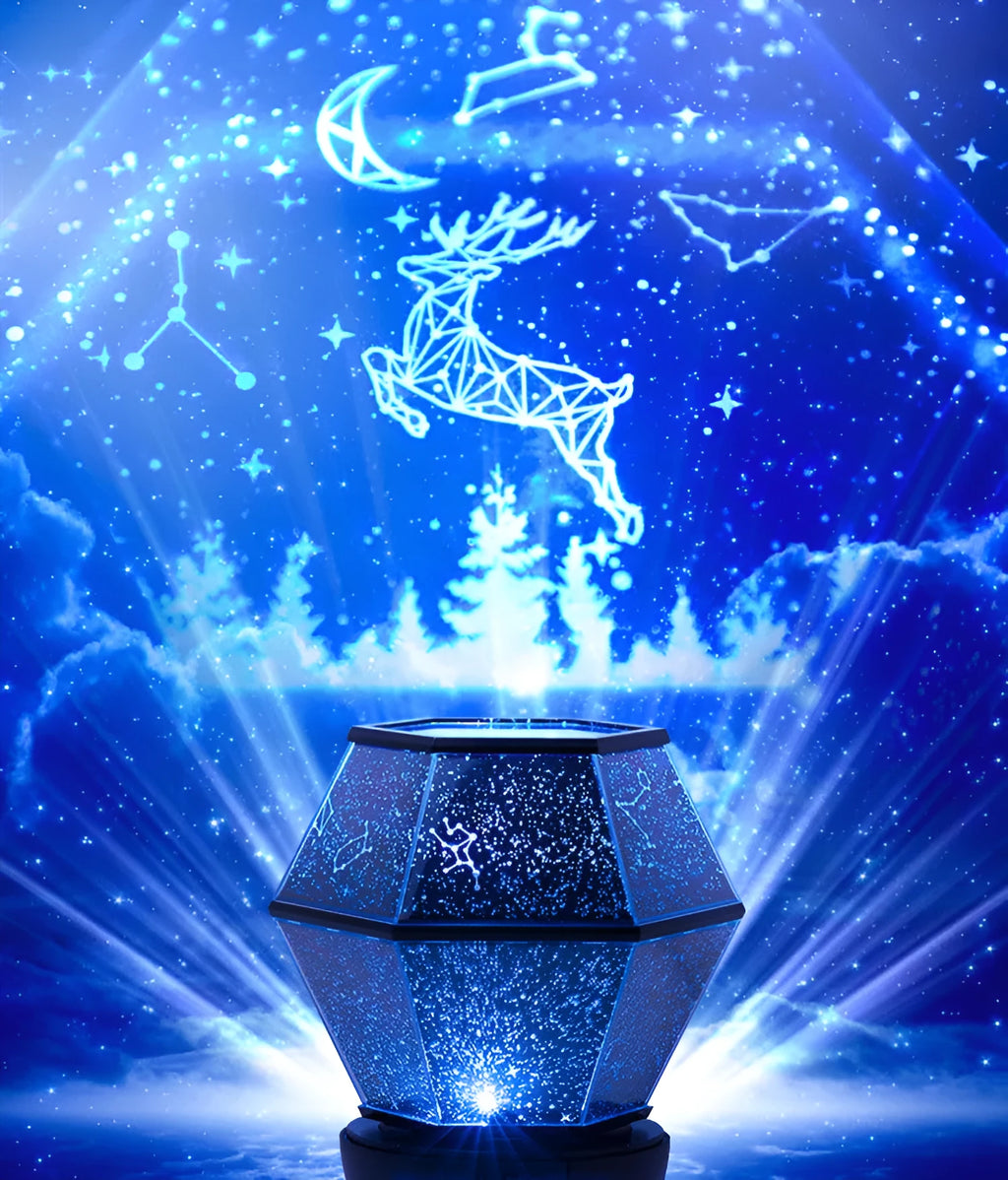 Children's rotating stars LED night light projecting a three-colour starlight pattern on a wall.